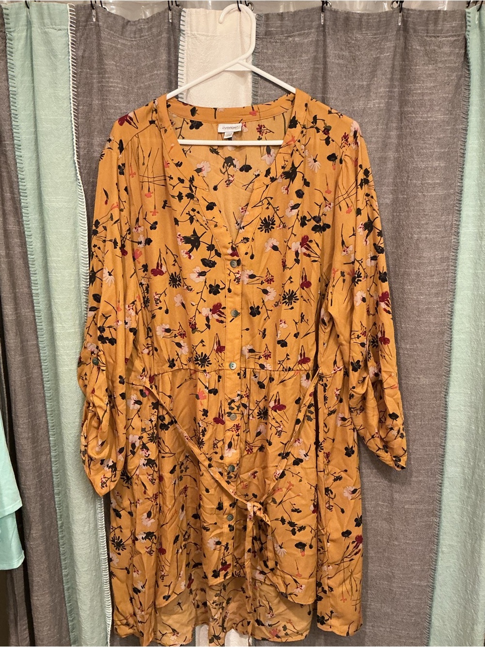 Avenue Mustard Floral Midi Dress with Button Front